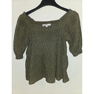 LOFT Womens Olive Green Black Micro Print Puff Sleeve Peplum Blouse Small